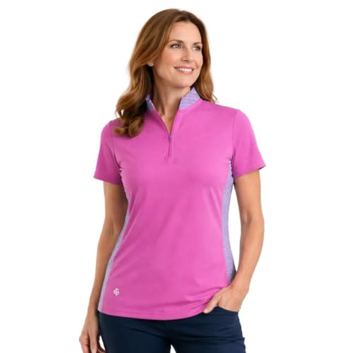 Image of Island GREEN Women's Polo Stretch Breathable Moisture Wicking UV Protection Geo Print Mandarin Collar Polo Shirt, IGLTS2412 - Raspberry, M