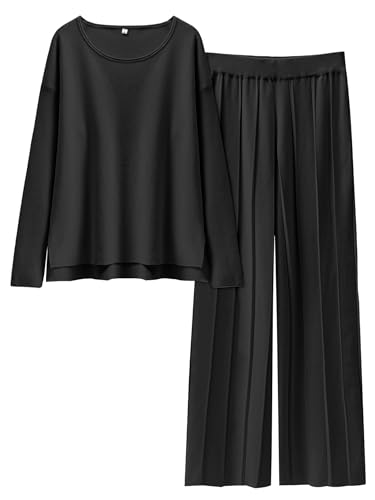 ANRABESS Conjunto de 2 peças de suéter feminino de tricô com gola redonda, calça de perna larga, con