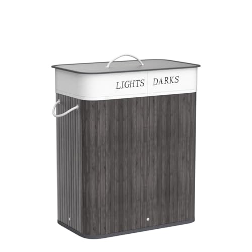 Juskys Cesto para la ropa de bambú rizado 100 litros en gris - Cubo para la ropa con tapa, asa y 2 compartimentos - Bolsa para la ropa de tela, extraíble y lavable - imagen 4