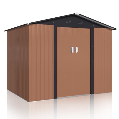 Image of DAUSOLA 8x6 FT Outdoor Storage Shed, Metal Garden Tool Shed with Updated Frame Structure and Lockable Doors, Ideal for Backyard Garden Patio Lawn, Brown