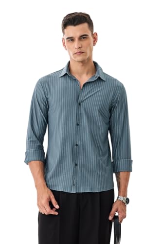 Image of SNITCH Men Casual Plus Size Shirt | Regular Fit Full Sleeve Mandarin Collar Striped Design | Premium Cotton Linen Blend & Breathable Fabric for Office & Everyday Wear