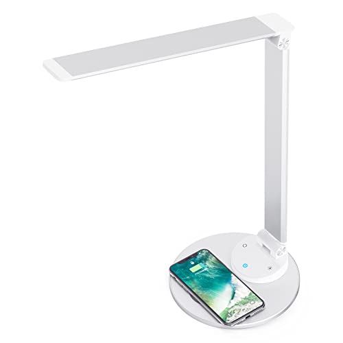 HERILIOS Schreibtischlampe LED, Metall Tischlampe mit Wireless Charger, 5 Helligkeitsstufen und 5 Farbmodi, Ultradünne Alu Tageslichtlampe USB-Anschluss Leselampe Touchscreen für Schlafzimmer, Büro Cover