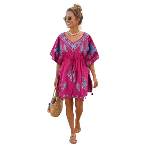Peach Couture Summer Womens Boho Cotton Floral Embroidered Cover-up Beachwear Kaftan Tunic Fuchsia Blue Peach Couture Summer Womens Boho Cotton Floral Embroidered Cover-up Beachwear Kaftan Tunic Fuchsia Blue