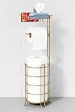 Goozii Gold Free Standing Toilet Paper Holder Stand with Phone Shelf, Floor Bathroom Tissue Holder for Large Mega Rolls, Metal Freestanding Toilet Paper Roll Holder with Wipes Storage Tray
