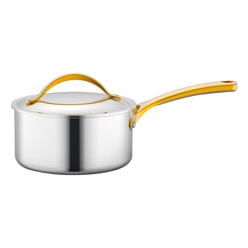 1.5-quart Saucepan with Lid - PFOA/PFOS Free Sauce Pot Kitchen Cookware w/ Interior Coated Prestige Ceramic Non-Stick Coating, Golden PVD Handles, Stylish Kitchenware Works w/ Model NCSTS16