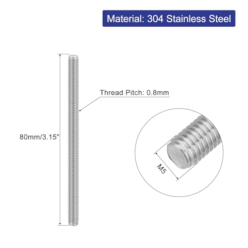QUARKZMAN 4 Stück Gewindestangen, M5 x 80mm, 304 Edelstahl, Gewindestab mit metrischem Vollgewinde, M5-0,8 Gewindestift für Möbelmontage und Maschinenbau