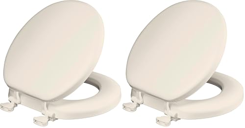 Image of Mayfair Padded Toilet Seat, Cushioned Soft Vinyl over Wood Core Seat, Secure Hinges, Easy Clean, Made in USA, Round, Biscuit (Pack of 2)