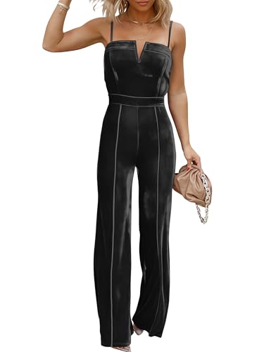 YIQ8 Sleeveless Velvet Jumpsuits for Women V Neck Spaghetti Straps Wide Leg Long Pants Dressy Rompers Overalls Black X-Large
