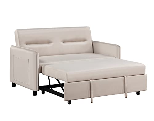 Microfiber Upholstered Loveseat Sleeper W/Side Storage Pockets, 57" 2-Seaters Sofa With Pull-Out Couch Bed With 2 Pillows & Adjustable Backrest For Living Room Apartment Office Compact Space, Beige #TOP7