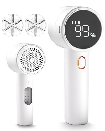 Azonee Fabric Shaver Electric Lint Remover Rechargeable Lint Shaver Sweater Defuzzer with 3 Speeds 6 Leaf Blades with LED Display for Clothes Upholstery Furniture Sweater Couch Blanket White