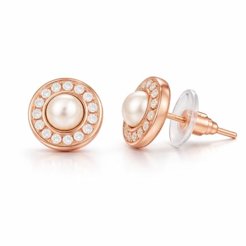 Image of Nilu's Collection Rose Gold Plated Triangular Design Pearl Stud Earrings With American Diamond for Women And Girls | Gift For Her | Anti- Allergy |Anti-Tarnish | Office Wear