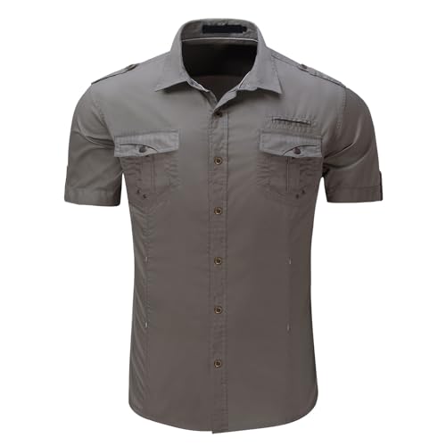 Iris Sprite Camisas de manga corta para hombre 100% algodón botón cargo camisas, Cuadros gris., S