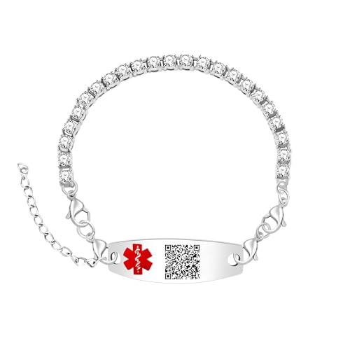 Uloveido Editable QR Code Medical ID Bracelet Silver Color Tennis Bracelet, Custom Emergency Info Type I Diabetes Health Alert Jewelry for Women YA6001