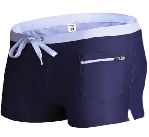 Top Spot Apparel Men's Square Cut Swim Trunks and Drag Suit, Front Pocket (XL, Navy Blue)