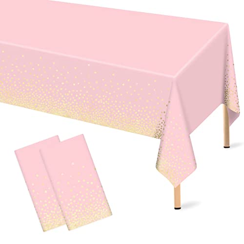Image of Mulbozy 2 Pcs Pink Tablecloth 54 inchx108 inch Gold Dot Pink Table Cloth, Pink Disposable Plastic Tablecover for Birthday, Baby Shower, Picnic, Camping, Event & Parties