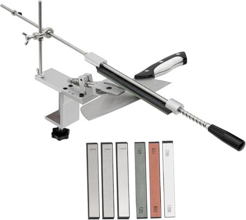 Messerschleifer, Messer Schleifgerät aus Aluminium, Messerschärfer Profi mit 6 Schleifsteinen, Höhenverstellbar 1-6cm, Winkelverstellung 9-26°, 360° Drehbarer Messer Schleifer für Grobschärfen