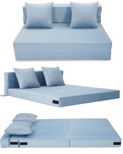 HAUSPROFI Schlafsofa mit Bezug aus Samtstoff & 2 Kissen, Bezug Abnehmbar, Waschbar, Klappmatratze mit Hochelastischer PU-Schwamm, Liegefläche 140CM x200CM (Blau)