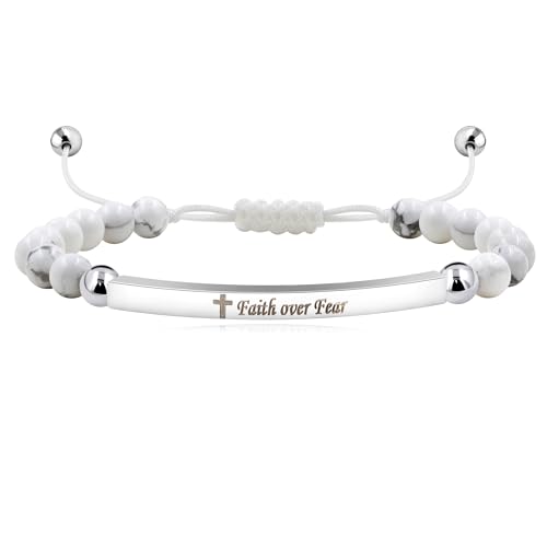Image of Yongxu Unisex Onyx Beaded Bracelet with Adjustable Length - Features Faith and Fearlessness Engraving, Cross Symbol, and Metal Accents - Versatile Gift for Any Event
