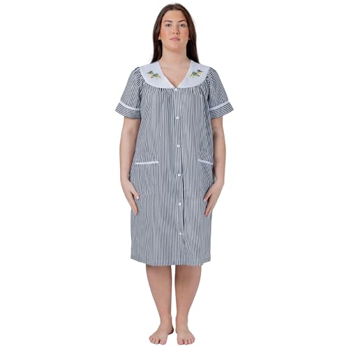 Image of Women's Short Sleeve Woven Snap-Front Closure Striped Embroidery Housecoat Duster Nightgown with Front Pockets