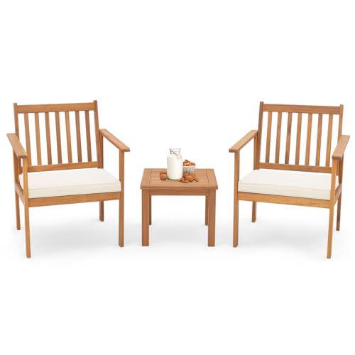 COSTWAY Conjunto Mesa y Sillas Jardin de 3 Piezas, Madera de Acacia, 2 Sillas con Cojines Extraíbles y 1 Mesa de Centro, Conjunto Muebles Jardin Exterior Terraza Balcon
