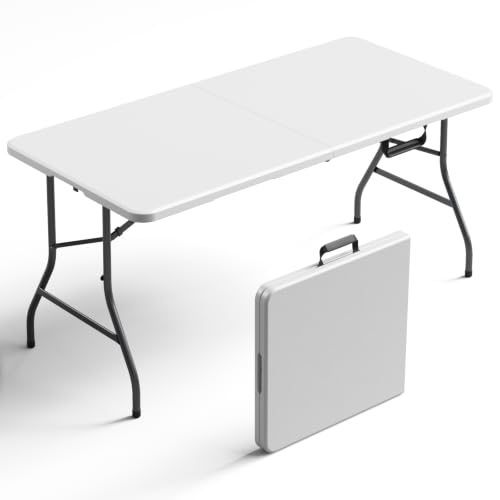 5FT Folding Table 1 Pack,Heavy Duty Plastic Foldable Tables with Carry Handles,Fold-in-Half Portable Utility Tables with Steel Legs for Party,Wedding,Banquet,Camping,Picnic,Event,Indoor Outdoor,White