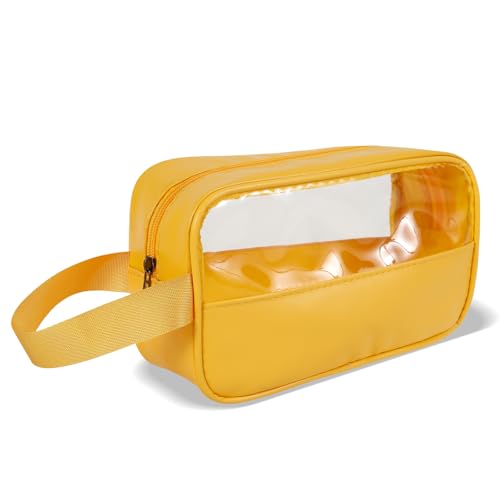 Kulturbeutel Transparent PVC Kosmetiktasche Transparent mit Reißverschluss Tragegriffen wasserdichte Kulturtasche zur Aufbewahrung von Kosmetika Toilettenartikeln Alltagsgegenständen (Gelb)