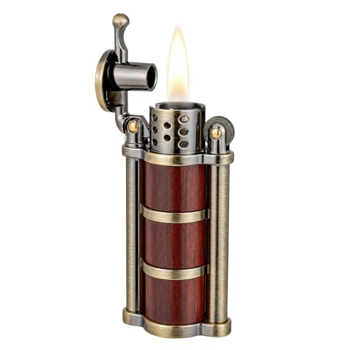 Vintage Flint Wheel Kerosene Lighter with Rosewood Case, Antique Brass