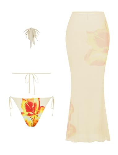 Image of ZAFUL Women's 3 Piece Floral Swimsuit Draped Neck Halter Bikini Tie Side Bathing Suit with Sheer Cover Up Skirt