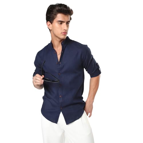 Image of Urbano Fashion Men's Linen Blend Full Sleeve Relaxed Fit Mandarin Collar Casual Solid Shirt