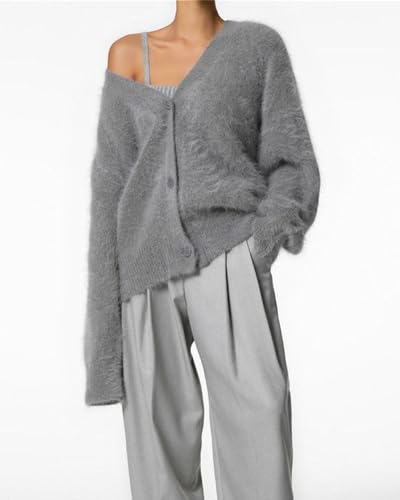 Image of Womens Fuzzy Sweaters Cardigan V-Neck Button Down Oversized Mohair Sweater Casual Y2k 2026 Fall Winter