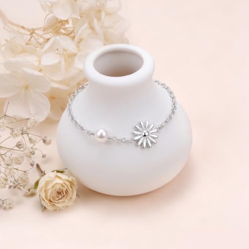 Image of 925 Sterling Silver Jewelry Flower Charm Freshwater Cultured Pearl Bracelet