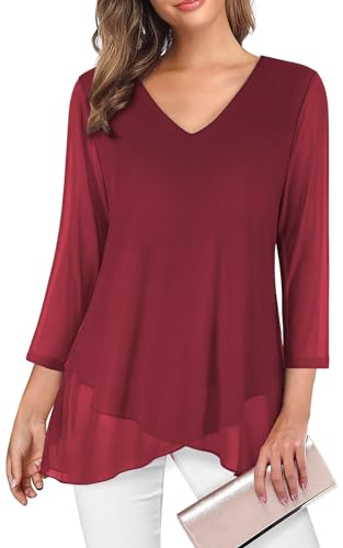 Adigaber Camisas para Mujer Elegante Manga 3/4 y Cuello en V Blusa Suelta Sólidos Estampadas Casual Gasa Shirt