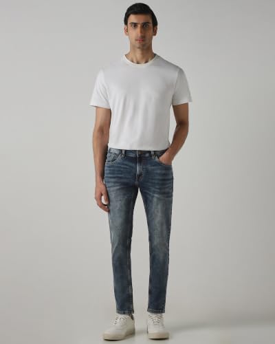 Image of MUFTI Originals Men Jeans Casual | Slim Fit Ankle Length Mid Rise Washed & Faded Whiskered Five Pocket Style | Cotton Blend Stretch Denim Pants
