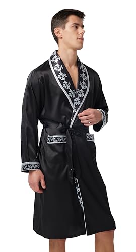 Image of TONY AND CANDICE Men's Satin Robe Lightweight Long Sleeve Silk Kimono Bathrobe with Shorts Set Sleepwear