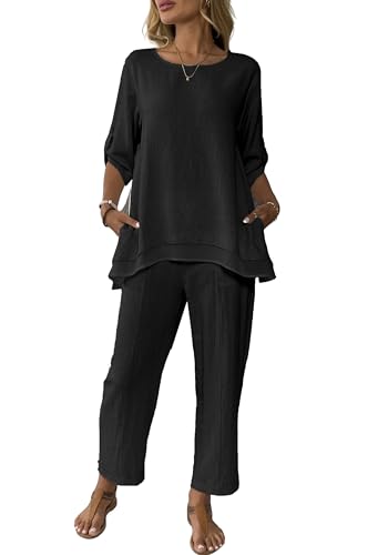 Conjunto feminino de linho de 2 peças, mangas enroladas, calças largas e calças para o verão, casual, estiloso, conjunto de linho, Preto, Medium