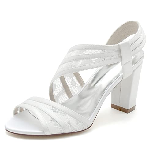 LGYKUMEG Mujeres Zapatos de Boda Sandalias de Fiesta Novia Dama de Honor Encaje Tacón Grueso Peep Toe Elegante satén,Blanco,42EU/9UK Cover