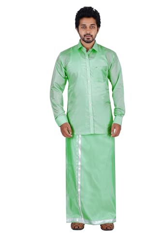 Image of PRAKASAM COTTON-Mens Art Silk Wedding Set /Art Silk 8 Mulam (8-Yard) Dhoti and Stitched Shirt for mens
