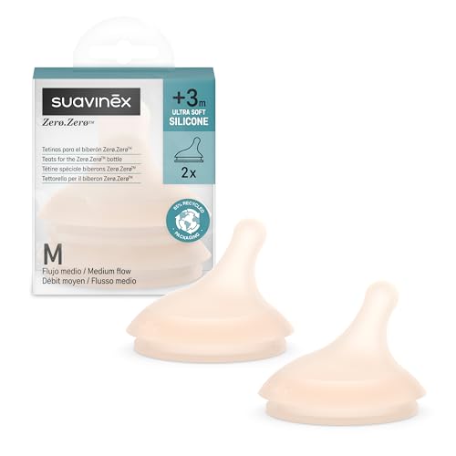 Suavinex, Pack de 2 Tetinas para el Biberón Anticólicos Zero Zero, Repuesto de 2 Tetinas de Flujo Medio (M), Para Líquidos de Densidad Media, Leche, Zumos o Papillas Líquidas, +3 Meses, Fair