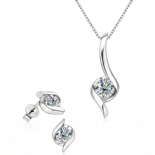 Exquisite Moissanite & 925 Sterling Silver Jewelry Set: Trendy European Design with Pendant (1 Carat, 1/4-inch, 6.5mm) and Earrings (Each: 0.5 Carat, 3/16-inch, 5mm) – Elegant Leather Gift Box Included (Silver Set)