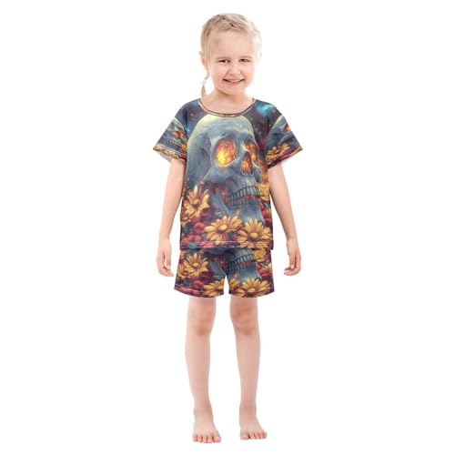 ALAZA Sugar Skull Flower Fire Pajamas Set Short Sleeve Cotton Sleepwear Summer Pjs 2 Piece 5-14Y3