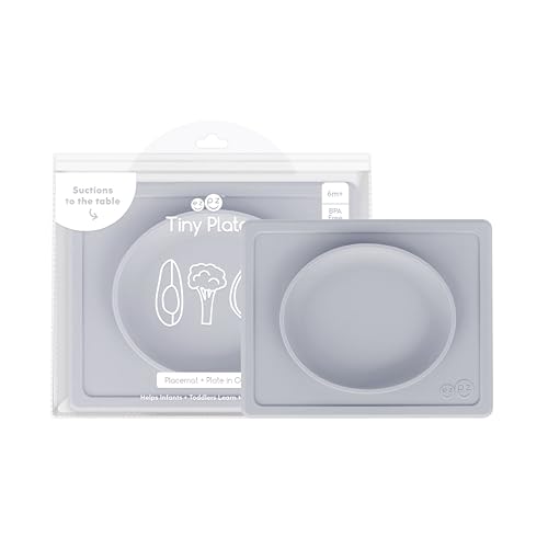 Image of ezpz Tiny Plate (Pewter) - 6 Months+ - 100% Silicone Suction Placemat + Plate for Infants - Fits on Most Highchair Trays - Baby Led Weaning Supplies