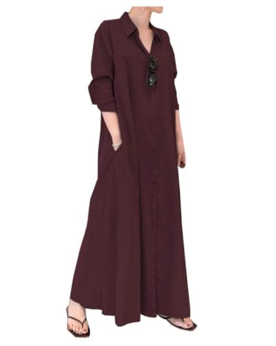 Image of Ladyful Women's Cotton Linen Maxi Dress Summer Long Sleeve Shirt Dress