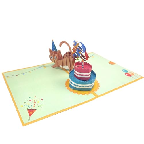 2 stuks pop-up verjaardagskaart kat, 3D verjaardag wenskaart met envelop, schattige katten pop-up kaart voor kattenliefhebbers, grappige cadeaukaart voor vrouwen mannen, katten decoratie geldcadeau