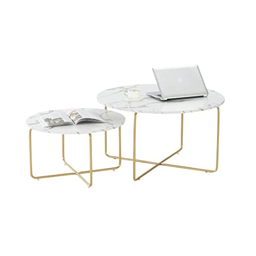 Marmor Couchtisch 2er Set, Beistelltisch Gold Kaffeetische Set, Weiß...