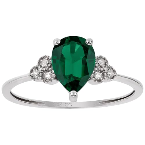 10k White Solid Gold Pear-shape Created Gemstone and Natural Diamond Birthstone Engagement Ring2