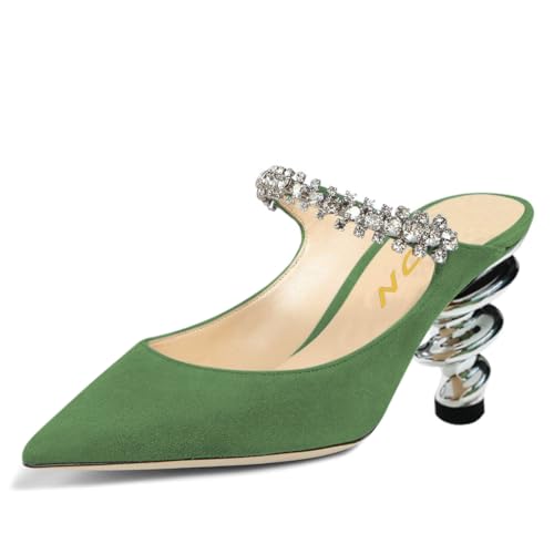 YDN Women Trendy Metallic Spiral Heels Slip On Sandals Rhinestone Strap Pumps Pointed Toe Mules Party Shoes 4-15 US