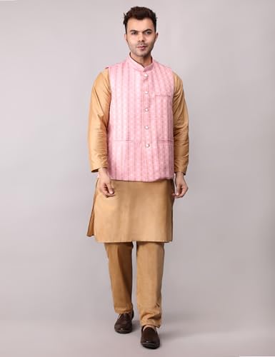 Image of Men's Cotton Silk Blend Regular Kurta Pyjama, Embroidered Nehru Jacket /Waistcoat Set