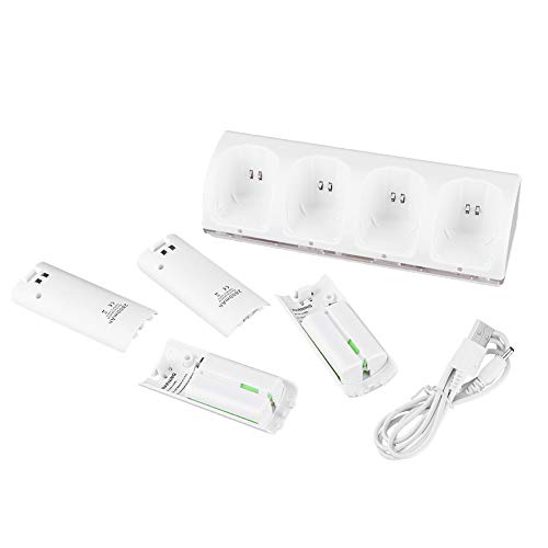 RASTKY Chargeur de Contrôleur pour Wii avec 4 Batteries Rechargeables 2800 MAh, Circuit de Tension D'impulsion de Charge pour Contrôleurs Wii, Plastique, 4 en 1 (Batterie 2800mAh)
