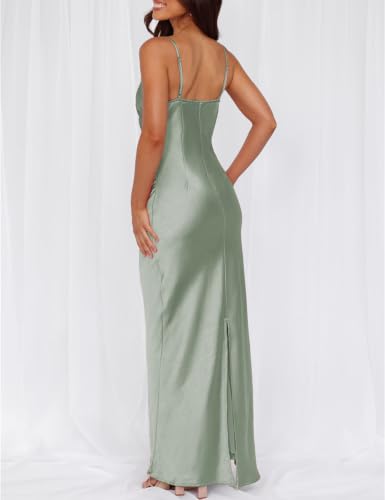 Image of Formal Satin Silk Spaghetti Strap Maxi Dresses for Women Wedding Guest