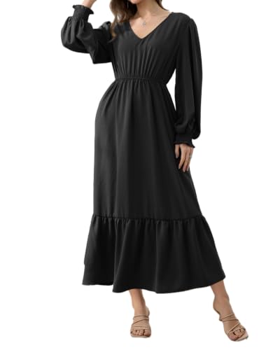 Women's Black Puff Long Sleeve Empire Waist Flowy Maxi Dress with Pockets - image 1